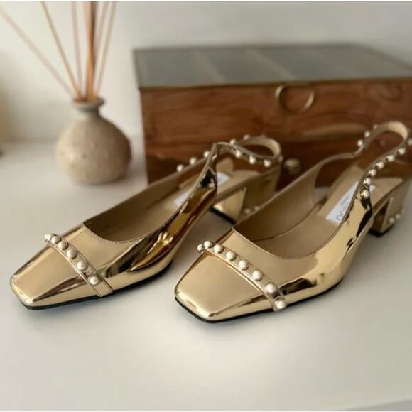 JIMMY CHOO Hya 45 Gold Metallic Slingback Heels Pearl Trim Square Sz 39.5 $995 - Picture 1 of 9